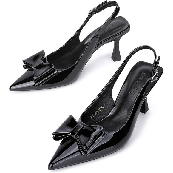 🆕Women's Black Faux Leather Pointed Toe Slingback Kitten Heels Bow Knot Sandals - Picture 1 of 8